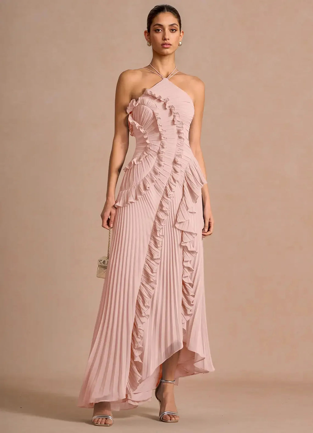 Vestido de Invitada de Boda Largo Elegante con Volantes y Cuello Halter
