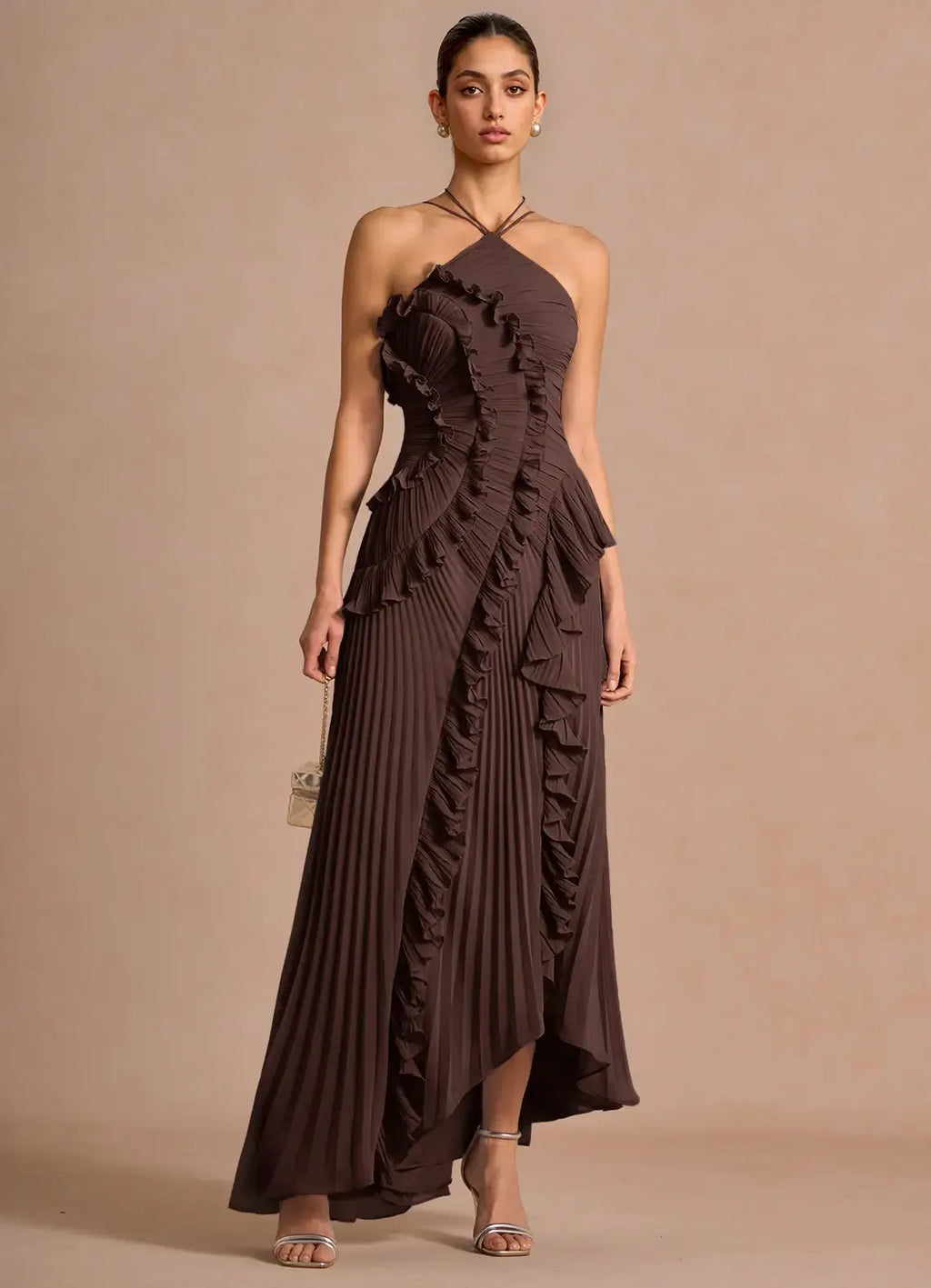 Vestido de Invitada de Boda Largo Elegante con Volantes y Cuello Halter