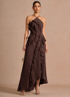 Vestido de Invitada de Boda Largo Elegante con Volantes y Cuello Halter