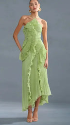 Vestido de Invitada de Boda Largo Elegante con Volantes y Cuello Halter