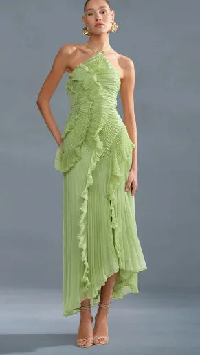 Vestido de Invitada de Boda Largo Elegante con Volantes y Cuello Halter