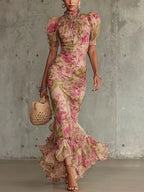 Amara | Vestido Largo Estampado Floral Vintage con Mangas