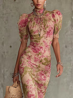 Amara | Vestido Largo Estampado Floral Vintage con Mangas