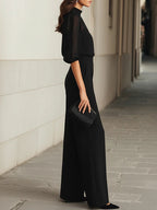 Valentina | Conjunto negro tres piezas con top transparente y pantalón ancho