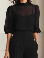 Valentina | Conjunto negro tres piezas con top transparente y pantalón ancho