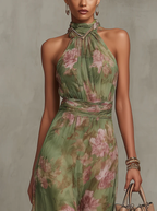Bianca | Vestido Largo Floral Halter Verde