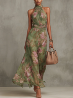 Bianca | Vestido Largo Floral Halter Verde