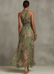Bianca | Robe Longue Fleurie Col Halter Vert