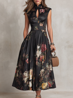 Dunora - Vestido Midi de Satén Plisado Floral con Cuello de Ojal Negro para Mujer