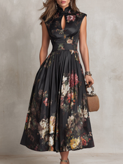 Dunora - Robe midi plissée florale en satin noir à col bénitier pour femme