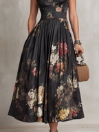Dunora - Vestido Midi de Satén Plisado Floral con Cuello de Ojal Negro para Mujer
