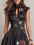 Dunora - Vestido Midi de Satén Plisado Floral con Cuello de Ojal Negro para Mujer