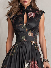 Dunora - Robe midi plissée florale en satin noir à col bénitier pour femme