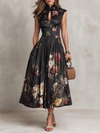 Dunora - Vestido Midi de Satén Plisado Floral con Cuello de Ojal Negro para Mujer