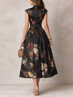 Dunora - Vestido Midi de Satén Plisado Floral con Cuello de Ojal Negro para Mujer