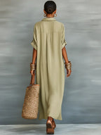 Megan Robe Maxi Vert Olive aux Lignes Minimalistes