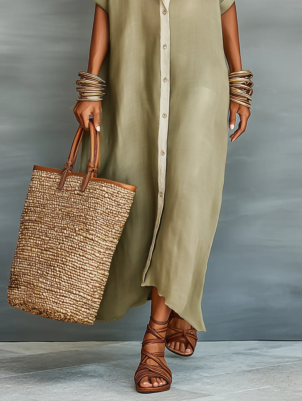 Megan Robe Maxi Vert Olive aux Lignes Minimalistes