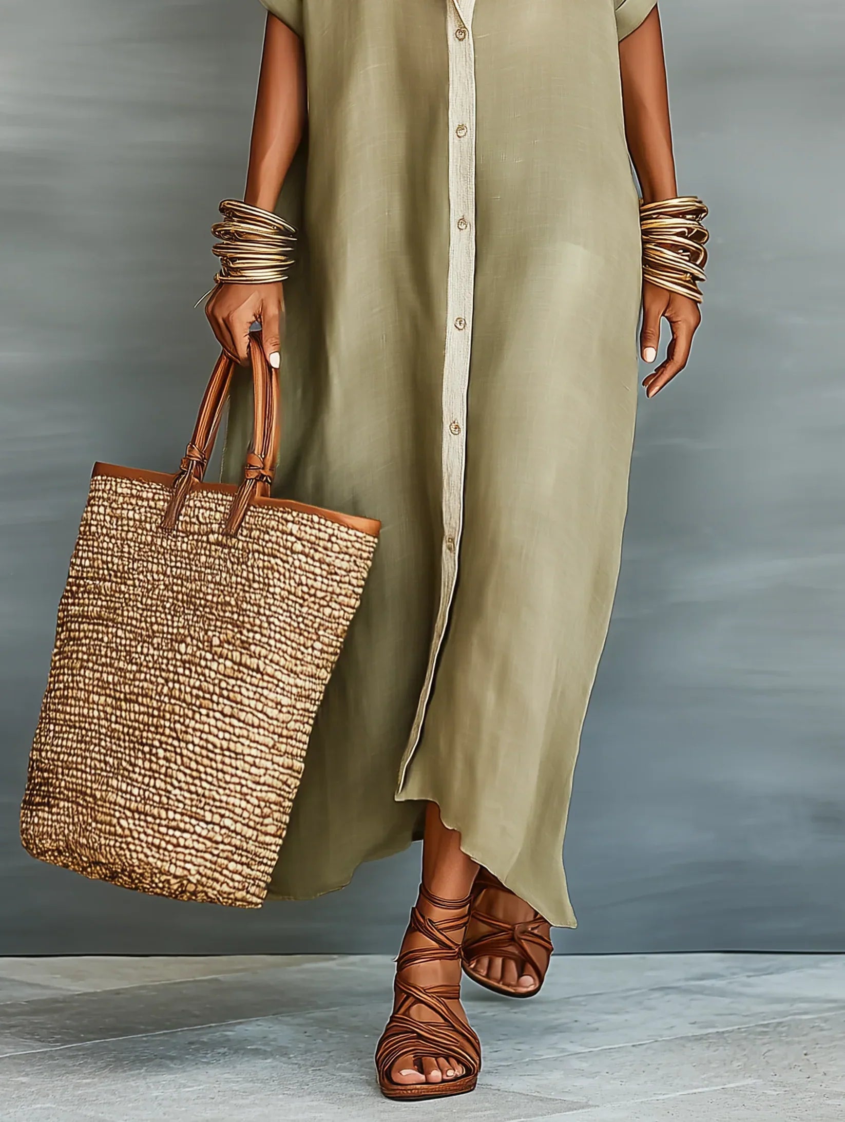 Megan Robe Maxi Vert Olive aux Lignes Minimalistes