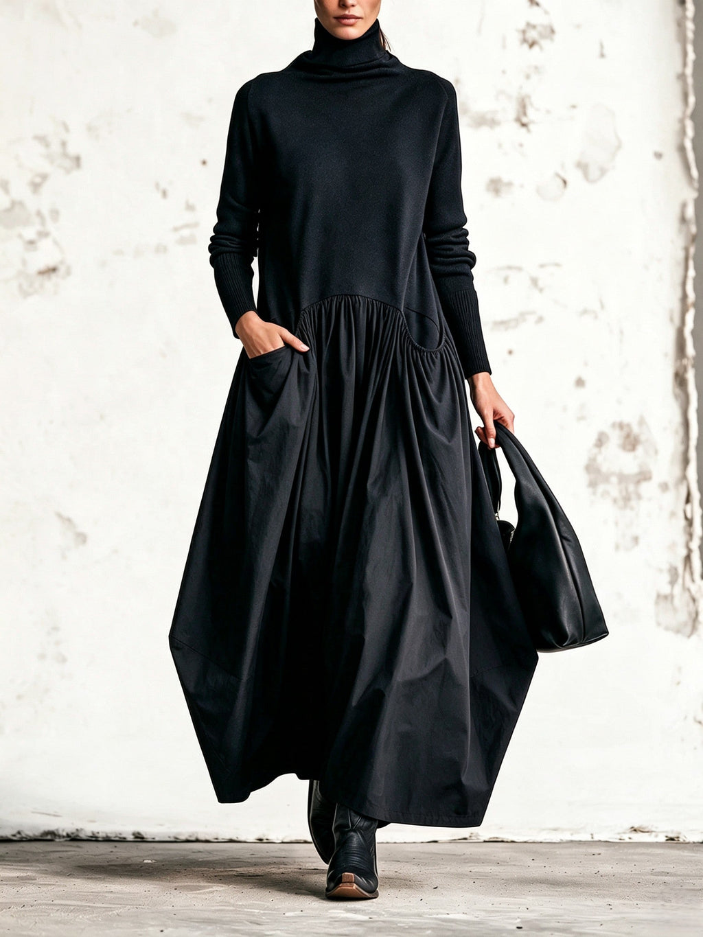 Ilaria | Vestido Maxi Oversize de Cuello Alto con Bolsillos
