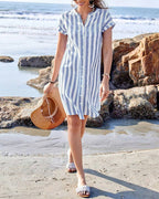 Vestido Camisero A Rayas De Algodón Lino Elegante