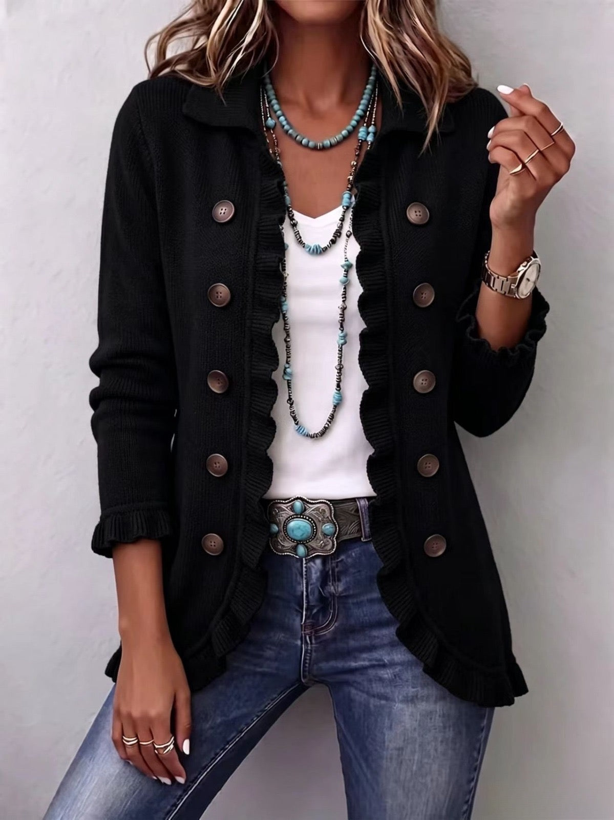Camila | Black Knitted Ruffle Jacket