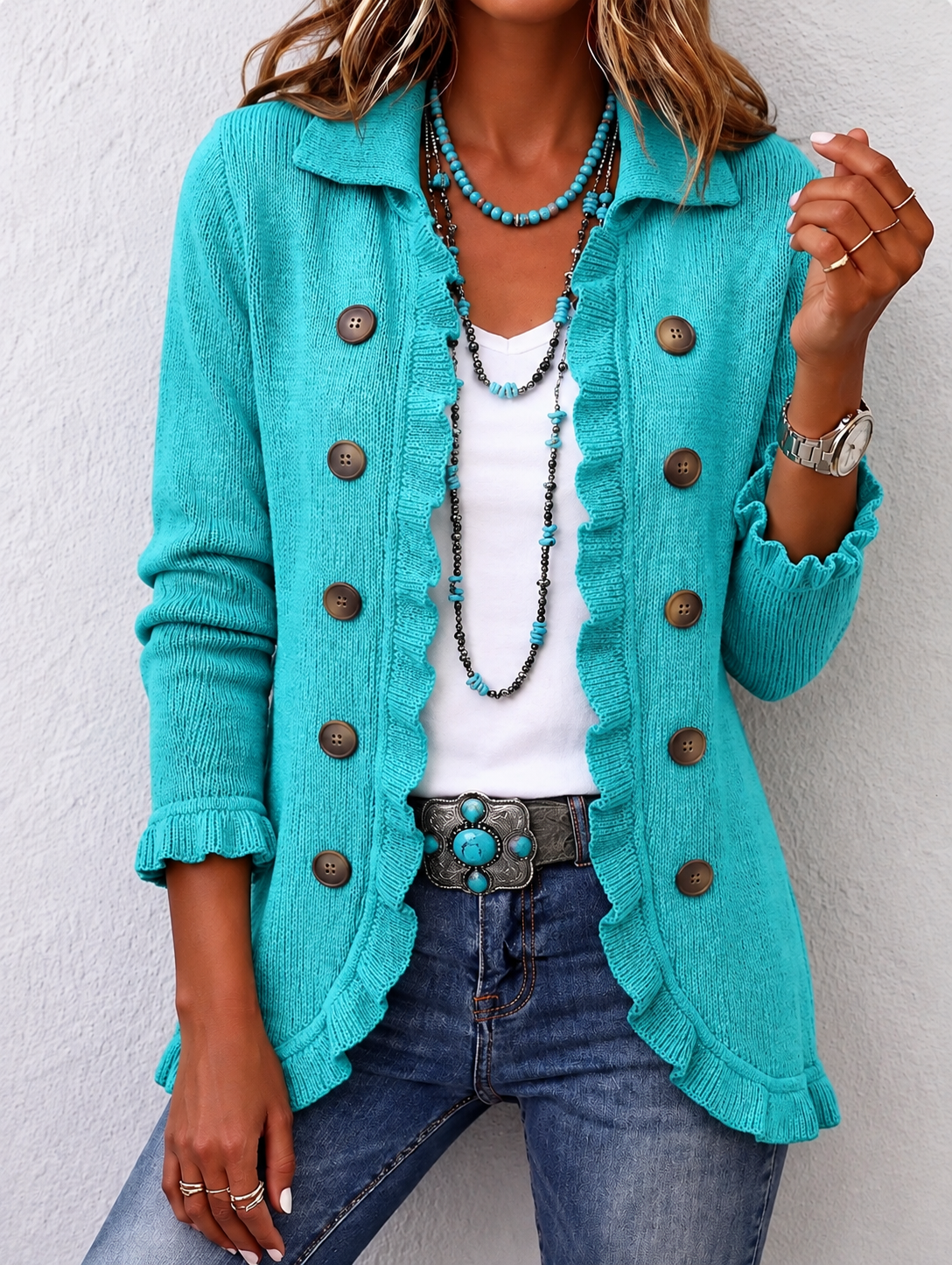 Maribel | Turquoise Knitted Ruffle Jacket