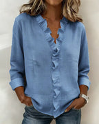 Blusa Elegante con Escote en V y Volantes Delicados