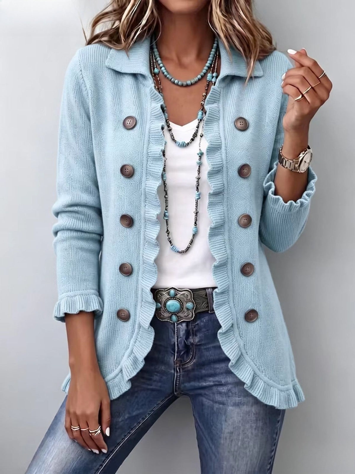 Cecilia | Powder Blue Knitted Ruffle Jacket