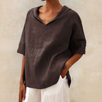 Blusa De Lino Clásica Con Cuello En V Para Mujer