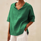 Blusa De Lino Clásica Con Cuello En V Para Mujer