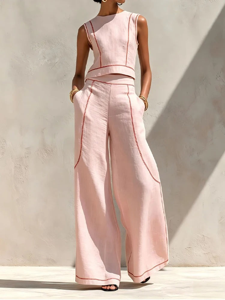 Inés Ensemble Deux Pièces avec Pantalon Palazzo et Détails Contrastants