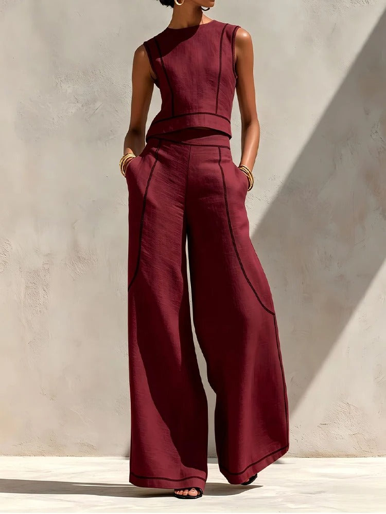 Inés Ensemble Deux Pièces avec Pantalon Palazzo et Détails Contrastants