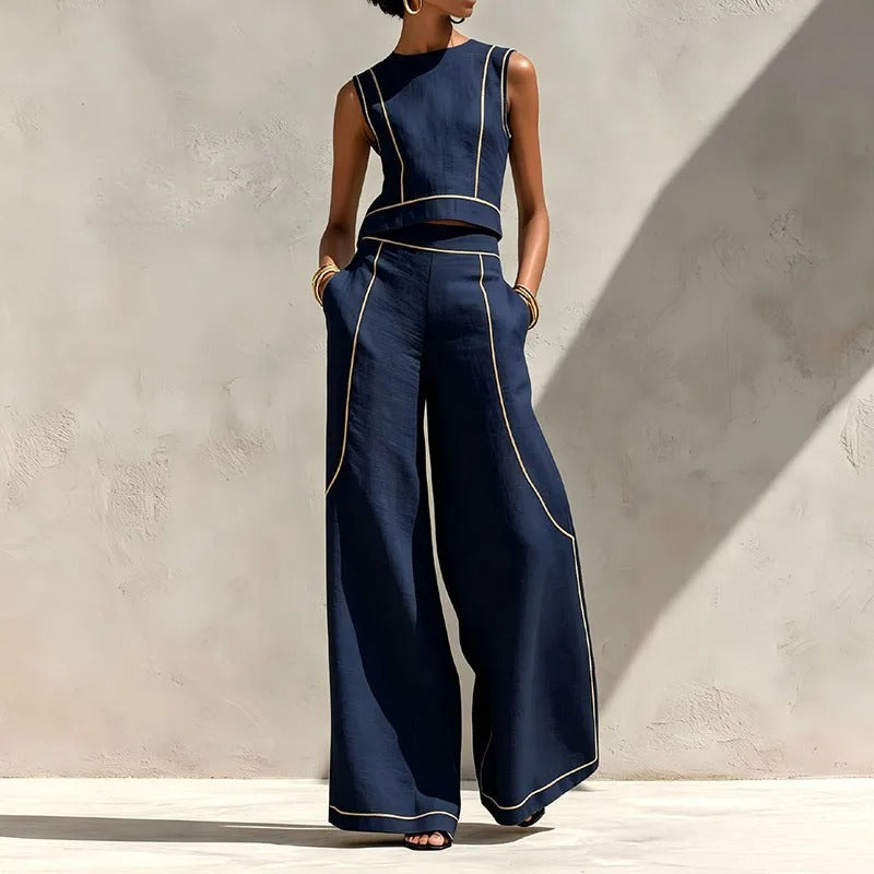 Inés Ensemble Deux Pièces avec Pantalon Palazzo et Détails Contrastants