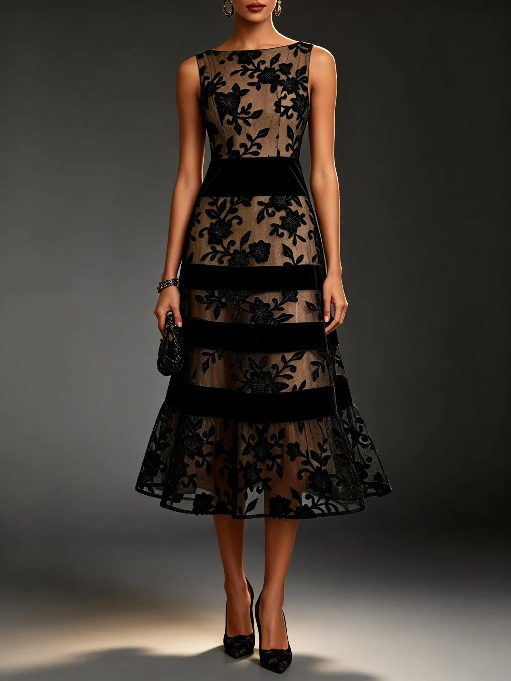 Odette Robe Midi en Tulle Brodé Floral