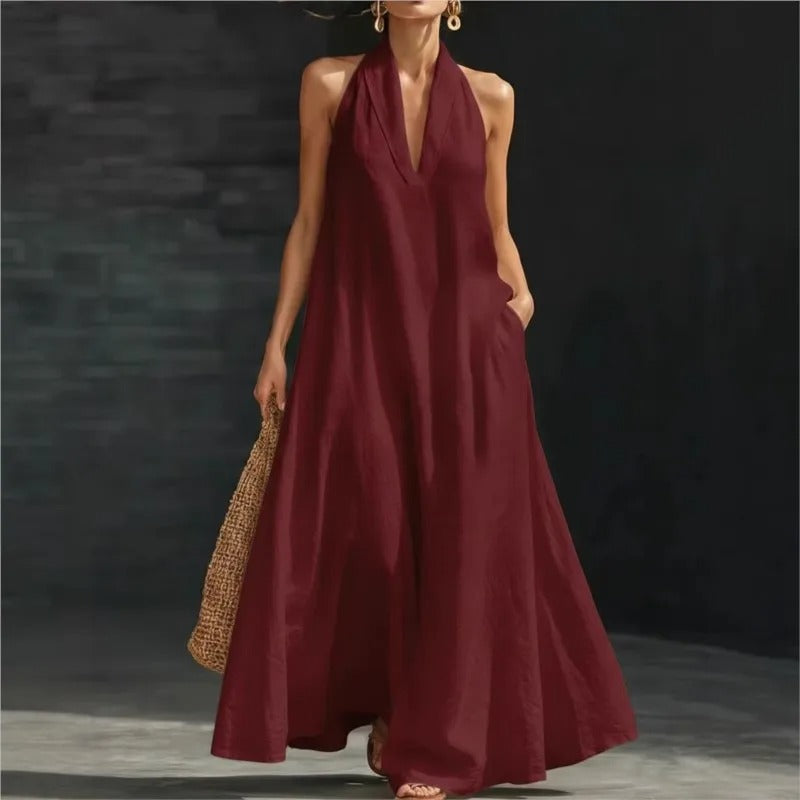 Clara Robe Maxi Halter en Coton et Lin