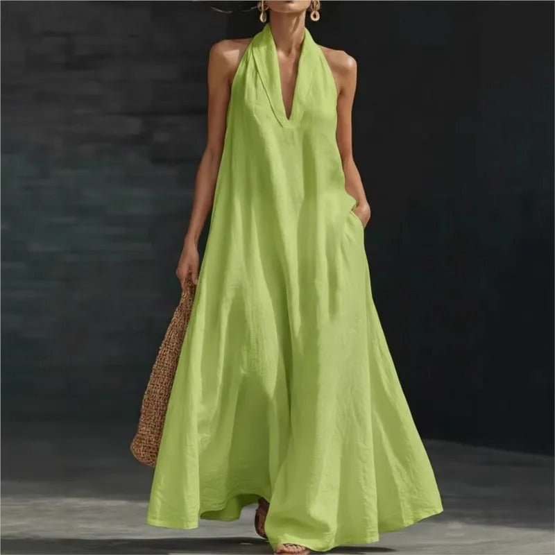 Clara Robe Maxi Halter en Coton et Lin