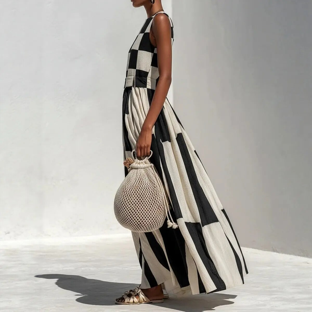Noa Robe Maxi Géométrique Noir et Blanc