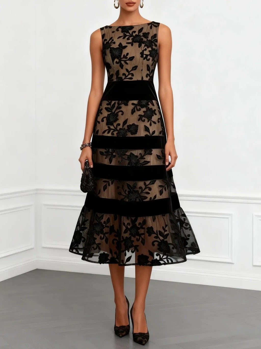 Odette Robe Midi en Tulle Brodé Floral