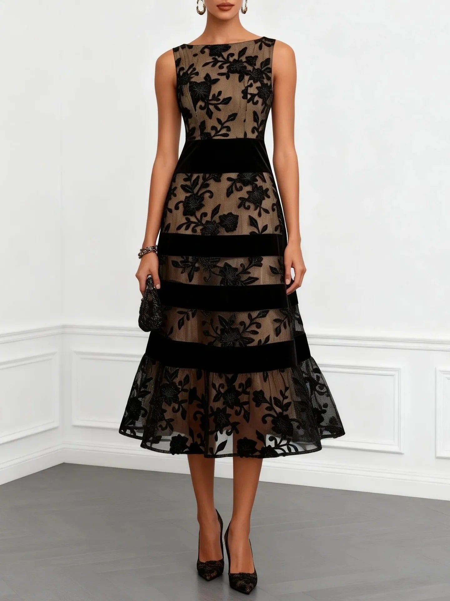 Odette Robe Midi en Tulle Brodé Floral