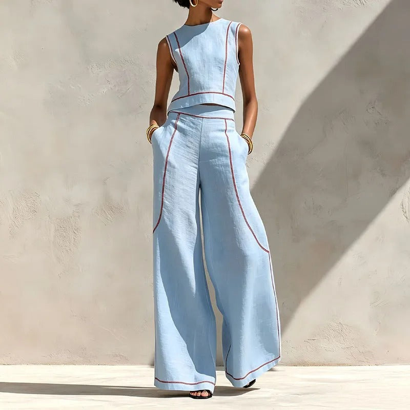Inés Ensemble Deux Pièces avec Pantalon Palazzo et Détails Contrastants