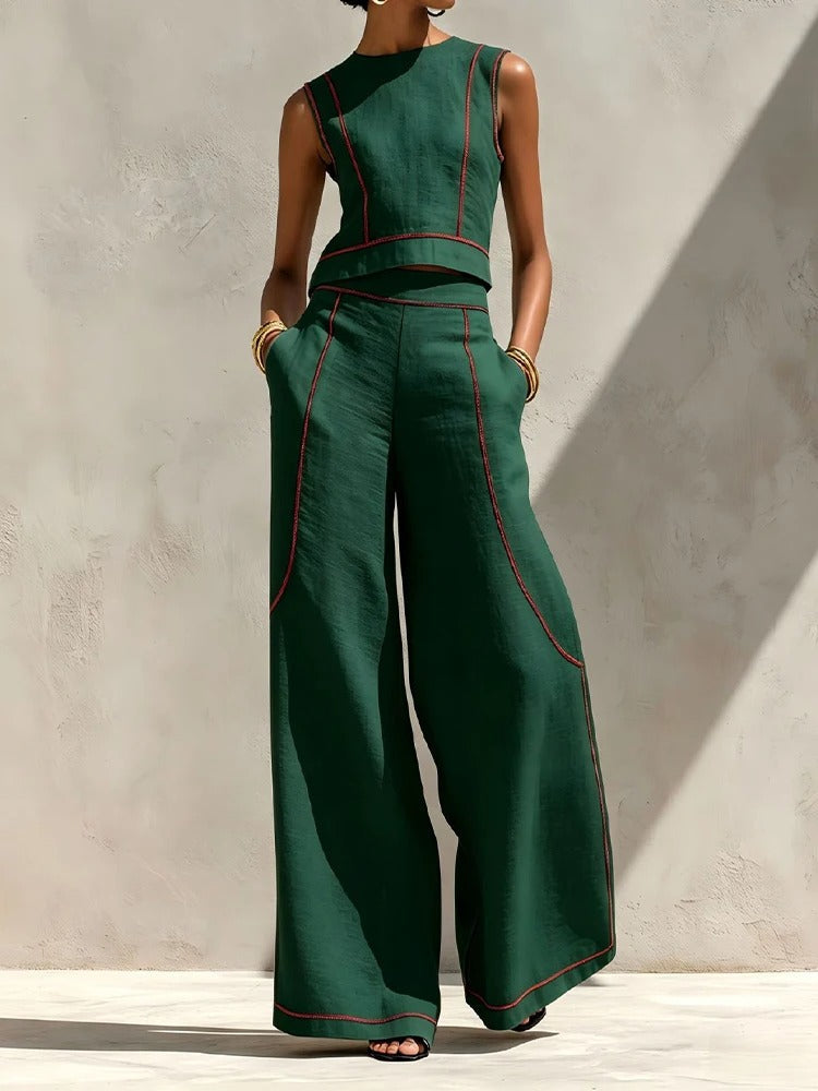 Inés Ensemble Deux Pièces avec Pantalon Palazzo et Détails Contrastants