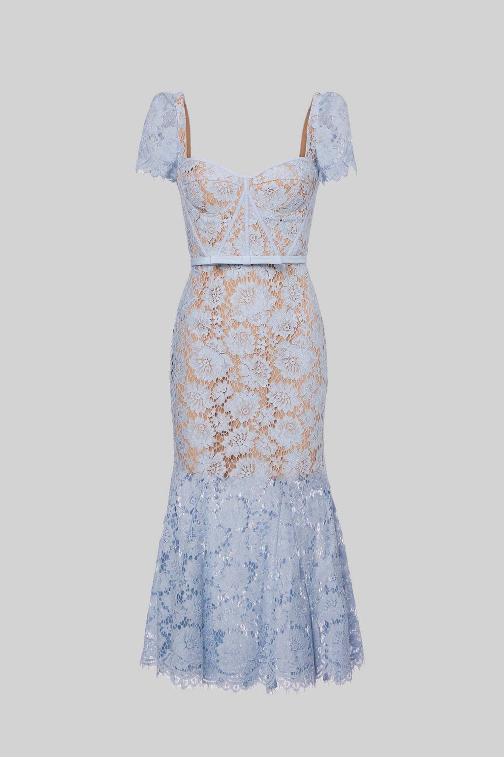 Paulina | Vestido de Encaje Azul Elegante con Manga Corta y Cinturón a Juego