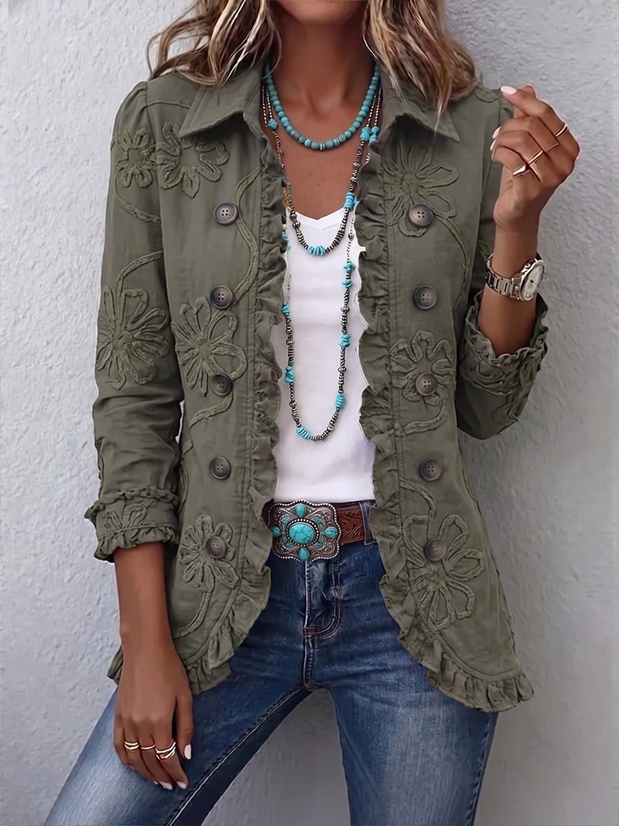 Ángela | Boho Utility Jacket with Floral Embroidery and Ruffles