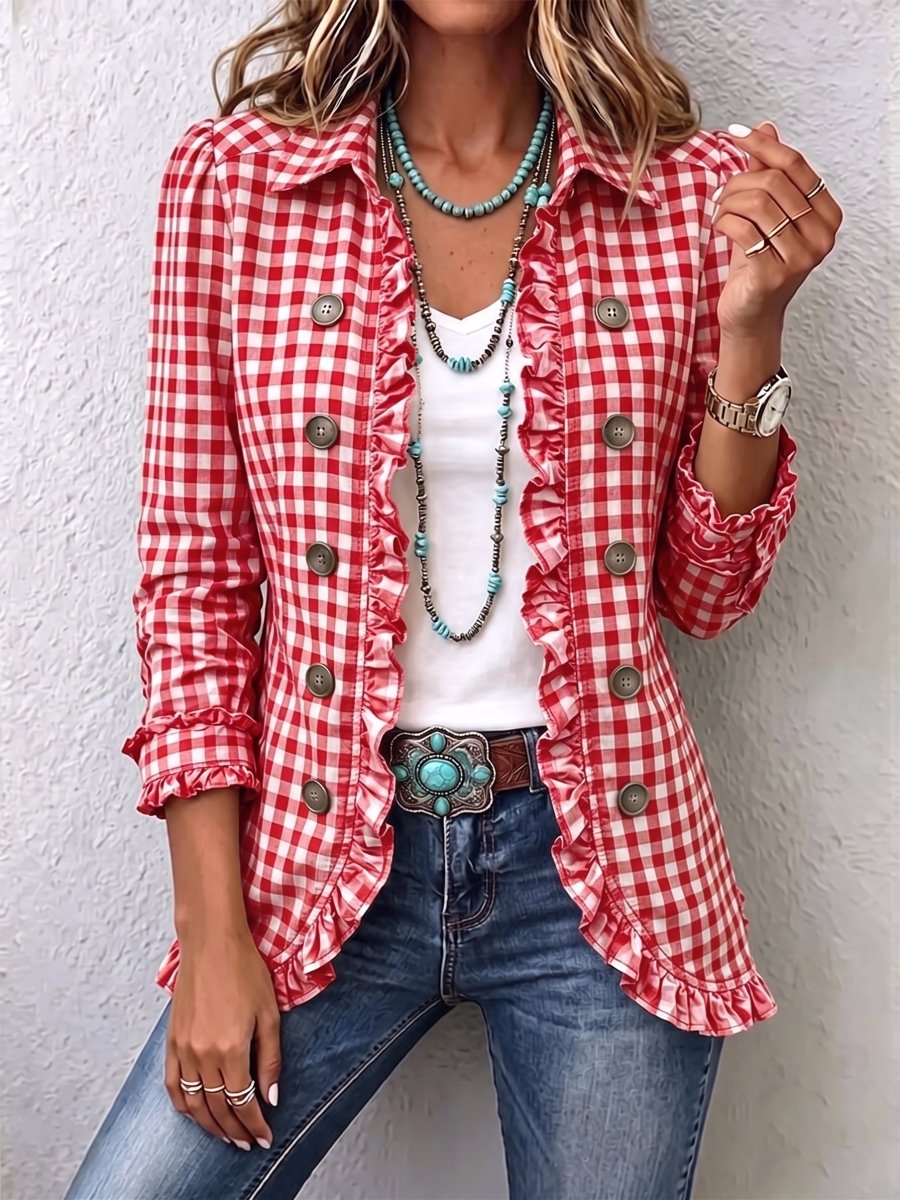 Yolanda | Check Print Ruffle Button Jacket