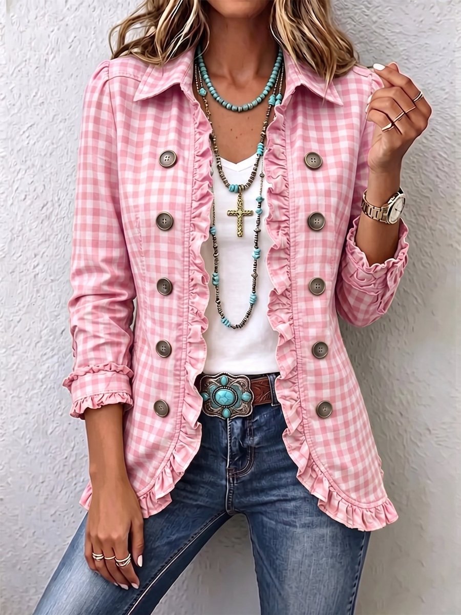 Yolanda | Check Print Ruffle Button Jacket