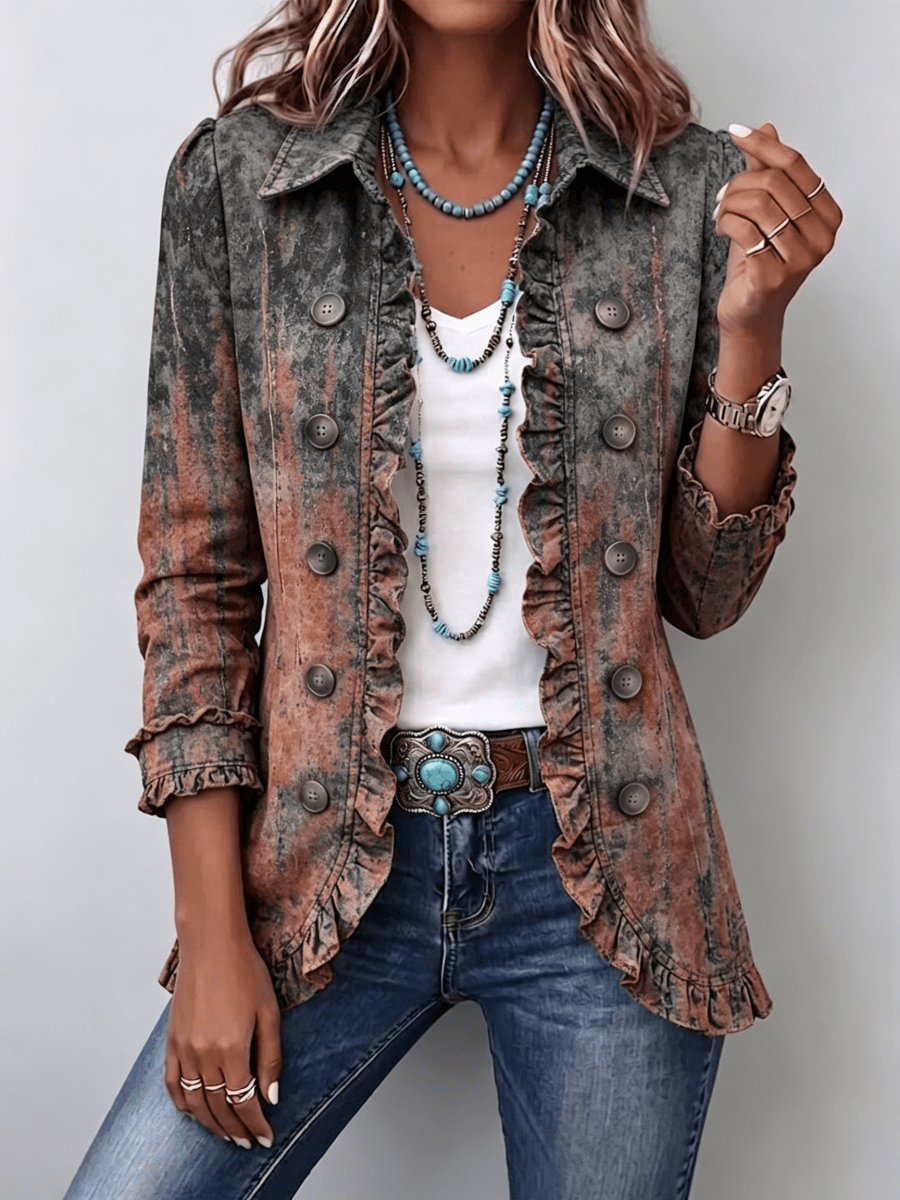 Reyes | Vintage Ombré Textured Print Ruffle Jacket