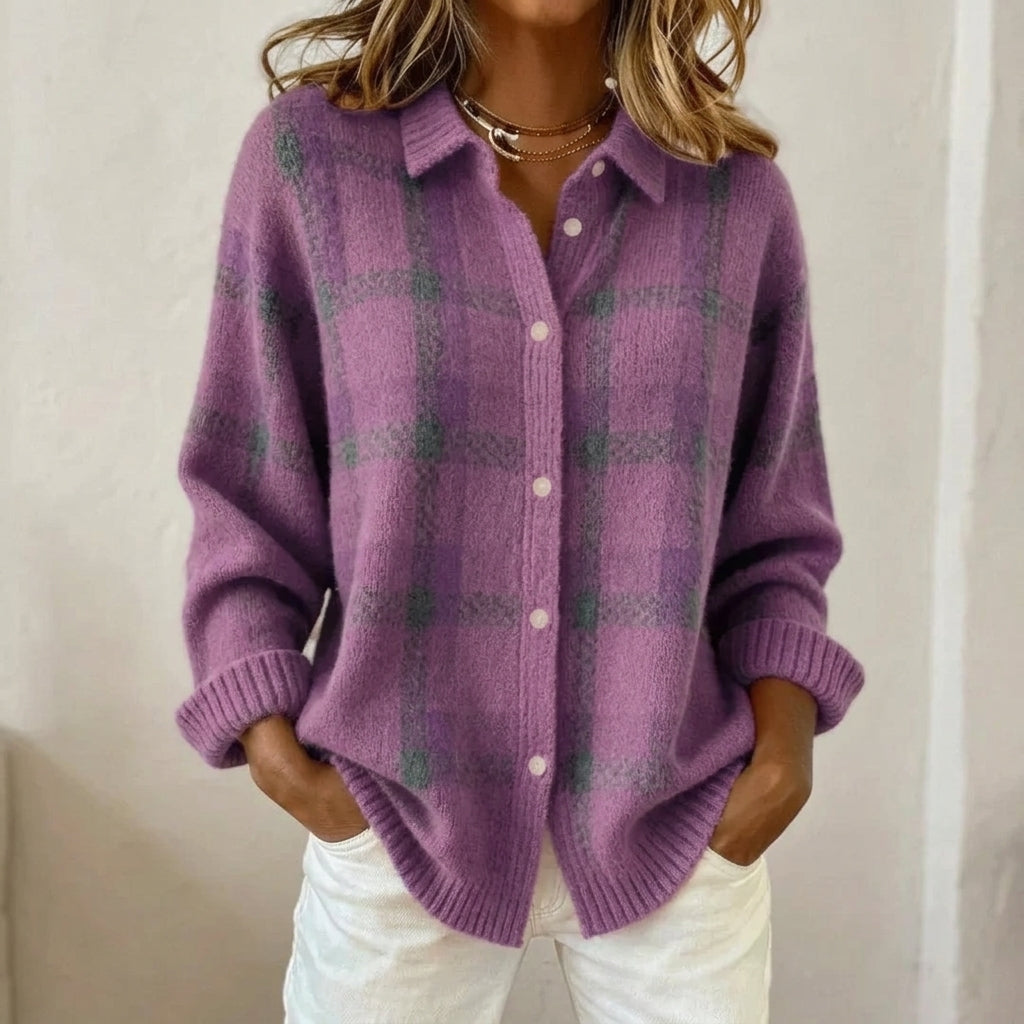 Cárdigan Valeria tejido a cuadros en color morado