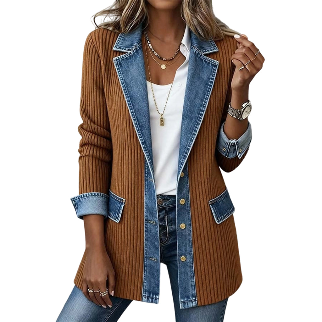 Women's Elegant Ribbed Knit Coat with Denim Panels
