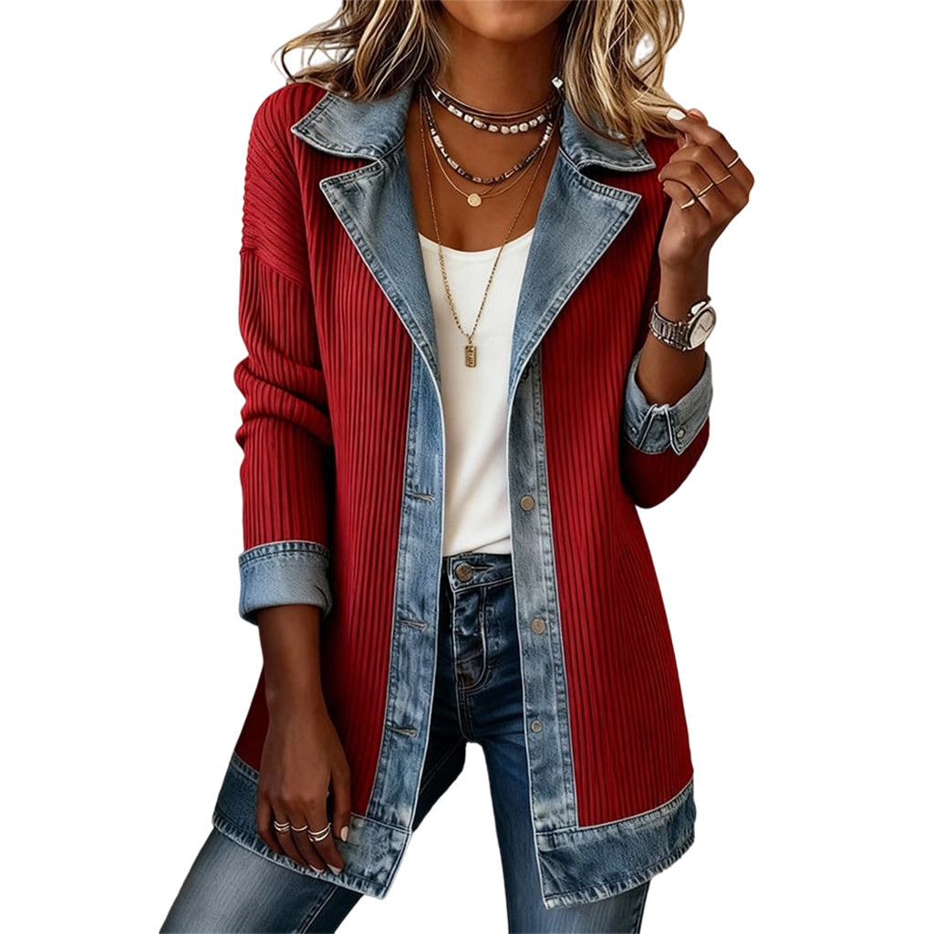 Women's Elegant Ribbed Knit Coat with Denim Panels