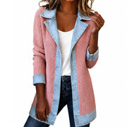 Women's Elegant Ribbed Knit Coat with Denim Panels